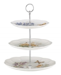 The sweet springtime motif of Butterfly Meadow dinnerware graces this 3-tiered server, an irresistible way to present cupcakes, scones and tiny sandwiches. With scalloped detail in white porcelain. The sweet springtime motif of Butterfly Meadow dinnerware graces this 3-tiered server, an irresistible way to present cupcakes, scones and tiny sandwiches. With scalloped detail in white porcelain.