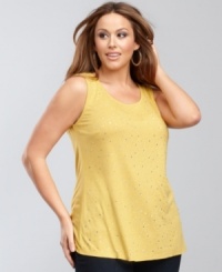 Rhinestone studs up the ante on INC's festive plus size tank top. Perfect for layering, too. Rhinestone studs up the ante on INC's festive plus size tank top. Perfect for layering, too.