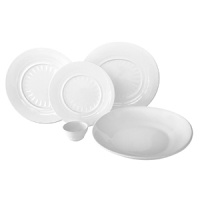 Pure white premium porcelain has a soft embossed floral design on the center of the dinner plate. Generously proportioned and versatile, it is perfect for everyday entertaining.