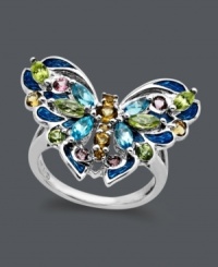 A ring that will flit its way into your heart and your every day wardrobe. Town & Country's intricate butterfly features a sterling silver setting decorated by citrine (1/3 ct. t.w.), pink tourmaline (1/5 ct. t.w.), blue topaz (1/3 ct. t.w.) and peridot (1 ct. t.w.). Size 7. A ring that will flit its way into your heart and your every day wardrobe. Town & Country's intricate butterfly features a sterling silver setting decorated by citrine (1/3 ct. t.w.), pink tourmaline (1/5 ct. t.w.), blue topaz (1/3 ct. t.w.) and peridot (1 ct. t.w.). Size 7.