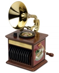 A beautiful replica of an antique gramophone, this piece from Mr. Christmas features interchangeable disks that play 12 Christmas classics performed by renowned artists such as Bing Crosby, the Andrews Sisters and Eartha Kitt. Battery operated. A beautiful replica of an antique gramophone, this piece from Mr. Christmas features interchangeable disks that play 12 Christmas classics performed by renowned artists such as Bing Crosby, the Andrews Sisters and Eartha Kitt. Battery operated.