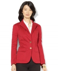 Lustrous signature buttons and Lauren Ralph Lauren's iconic monogram luxuriously accent a trim blazer crafted from smooth stretch sateen. Lustrous signature buttons and Lauren Ralph Lauren's iconic monogram luxuriously accent a trim blazer crafted from smooth stretch sateen.