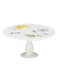 The whimsical butterflies and blooms of Butterfly Meadow dinnerware grace this charming cake stand, an irresistible way to serve your sweetest confections. With scalloped detail in white porcelain. The whimsical butterflies and blooms of Butterfly Meadow dinnerware grace this charming cake stand, an irresistible way to serve your sweetest confections. With scalloped detail in white porcelain.