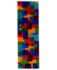 A dynamic mix of bright colors and geometric shapes creates an arresting rug that recalls the best of modern art. The color palette of blue, red, salmon, yellow and sage gives the piece a vibrant, buoyant style that lends your home a striking, contemporary look. Hand-tufted and hand-carved of plush wool. A dynamic mix of bright colors and geometric shapes creates an arresting rug that recalls the best of modern art. The color palette of blue, red, salmon, yellow and sage gives the piece a vibrant, buoyant style that lends your home a striking, contemporary look. Hand-tufted and hand-carved of plush wool.