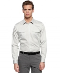 Freshen up your workweek look with this woven shirt from Calvin Klein with dobby striping. Freshen up your workweek look with this woven shirt from Calvin Klein with dobby striping.