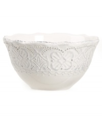 More than charming, the Blanc Elisabeth cereal bowl from Versailles Maison incorporates a scalloped edge, floral medallions and soft white finish to perfect vintage-style settings. More than charming, the Blanc Elisabeth cereal bowl from Versailles Maison incorporates a scalloped edge, floral medallions and soft white finish to perfect vintage-style settings.