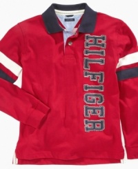 Eight could be his lucky number: Get him in the game with a long-sleeved polo from Tommy Hilfiger that features Hilfiger spelled out in front and an oversized 8 patch on the back. Eight could be his lucky number: Get him in the game with a long-sleeved polo from Tommy Hilfiger that features Hilfiger spelled out in front and an oversized 8 patch on the back.