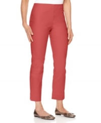 Channel classic style with these slim, cropped petite pants from Charter Club. A flat front and slimming tummy panel gives you a smooth silhouette and makes these ideal with tunics! Channel classic style with these slim, cropped petite pants from Charter Club. A flat front and slimming tummy panel gives you a smooth silhouette and makes these ideal with tunics!