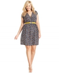 Score a super-cute look with Ruby Rox's short sleeve plus size dress, finished by a polka-dot print and belted waist! Score a super-cute look with Ruby Rox's short sleeve plus size dress, finished by a polka-dot print and belted waist!