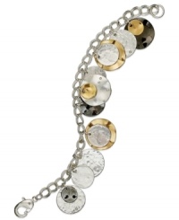 So money. This charm bracelet from Alfani features coins in silver, gold and hematite tones. Finished with a lobster closure. Crafted in silver tone mixed metal. Approximate length: 7-1/2 inches. So money. This charm bracelet from Alfani features coins in silver, gold and hematite tones. Finished with a lobster closure. Crafted in silver tone mixed metal. Approximate length: 7-1/2 inches.