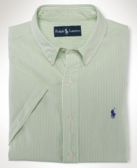 Cut for a relaxed, classic fit, a short-sleeved sport shirt is crafted from crisp woven cotton in a preppy seersucker stripe for a refined, timeless look Cut for a relaxed, classic fit, a short-sleeved sport shirt is crafted from crisp woven cotton in a preppy seersucker stripe for a refined, timeless look