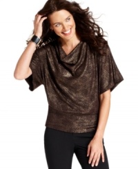 NY Collection's luminous metallic cowlneck top features dramatic sleeves and a look that's ready for a night on the town. NY Collection's luminous metallic cowlneck top features dramatic sleeves and a look that's ready for a night on the town.
