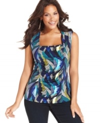 A ruched front lends a slenderizing look to Style&co.'s sleeveless plus size top, featuring a standout print-- it's an Everyday Value! A ruched front lends a slenderizing look to Style&co.'s sleeveless plus size top, featuring a standout print-- it's an Everyday Value!