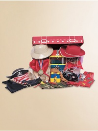 Indulge his imagination with this chock-full-of-fantasy treasure trove. Includes 4 hats, 3 vests, 2 bandanas, a cape, a mask, an eye patch, binoculars, a sheriff's badge, and more.Suitable for ages 3 and upImported Indulge his imagination with this chock-full-of-fantasy treasure trove. Includes 4 hats, 3 vests, 2 bandanas, a cape, a mask, an eye patch, binoculars, a sheriff's badge, and more.Suitable for ages 3 and upImported