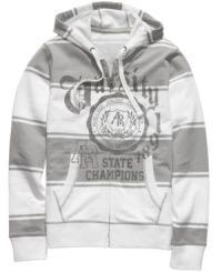 With a lightly striped style and a streetwise graphic, this hoodie from American Rag is the perfect casual layer. With a lightly striped style and a streetwise graphic, this hoodie from American Rag is the perfect casual layer.