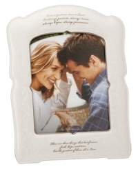 Create a window into a spectacular moment with this beautifully sculpted porcelain frame. In elegant script, this piece is inscribed with the timeless words from 1 Corinthians 13: Love is patient, love is kind. It always protects, always trusts, always hopes, always perseveres. There are three things that last forever: faith, hope and love. But the greatest of them all is love. Create a window into a spectacular moment with this beautifully sculpted porcelain frame. In elegant script, this piece is inscribed with the timeless words from 1 Corinthians 13: Love is patient, love is kind. It always protects, always trusts, always hopes, always perseveres. There are three things that last forever: faith, hope and love. But the greatest of them all is love.