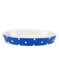 Make no stops from the oven to the table with this fun, oval casserole dish from Spode, featuring classic polka dots in a blue and white palette. Make no stops from the oven to the table with this fun, oval casserole dish from Spode, featuring classic polka dots in a blue and white palette.