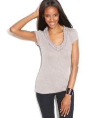 INC's tee gets a feminine makeover with flirty ruffle trim! Try it with jeans, capris and more. INC's tee gets a feminine makeover with flirty ruffle trim! Try it with jeans, capris and more.