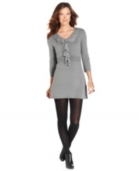 Stay super-cute in the cold with Elementz' petite sweater dress, finished by a ruffled front. Stay super-cute in the cold with Elementz' petite sweater dress, finished by a ruffled front.