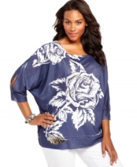 A blooming print renews Seven7 Jeans' three-quarter sleeve plus size top-- celebrate the season in style! A blooming print renews Seven7 Jeans' three-quarter sleeve plus size top-- celebrate the season in style!