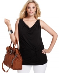 A draped neckline lends an elegant accent to MICHAEL Michael Kors' sleeveless plus size top-- wear it as a layer or by itself. A draped neckline lends an elegant accent to MICHAEL Michael Kors' sleeveless plus size top-- wear it as a layer or by itself.