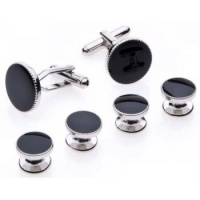 Cufflinks and Studs Set for Tuxedo - Formal Black with Shiny Silver Trimming by Men's Collections Cufflinks and Studs Set for Tuxedo - Formal Black with Shiny Silver Trimming by Men's Collections