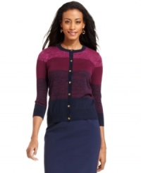 Charter Club's easy cardigan offers a perfect fit and tonal colorblocked stripes for a modern take on a classic silhouette. Charter Club's easy cardigan offers a perfect fit and tonal colorblocked stripes for a modern take on a classic silhouette.