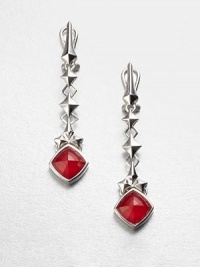 From the Superstud Collection. Long spikey stud settings of rhodium-plated sterling silver hold bright faceted stones that combine clear quartz crystal and coral-color glass crystal in this elegant yet edgy design.Clear quartz crystalRed coral-color crystalRhodium-plated sterling silverLength, about 2.25Post-and-hinge backImported