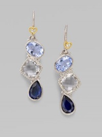From the Prism Collection. A geometric trio of sparkling stones - blue quartz, blue corundum, and crystal - is topped off by a heart-framed white sapphire, all edged in sterling silver.White sapphire, blue quartz, blue corundum, and crystal Sterling silver Length, about 1¾ Ear wire Imported
