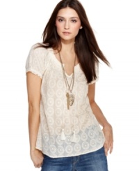 Gauzy embroidered fabric with chic tassel ties combine in this Lucky Brand Jeans top for an ethereal vibe with a global twist. Try it with a cami and jeans for easy weekend style. Gauzy embroidered fabric with chic tassel ties combine in this Lucky Brand Jeans top for an ethereal vibe with a global twist. Try it with a cami and jeans for easy weekend style.