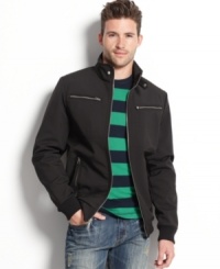 Get serious style and performance in this lightweight, water-resistant moto jacket from Buffalo David Bitton. Get serious style and performance in this lightweight, water-resistant moto jacket from Buffalo David Bitton.