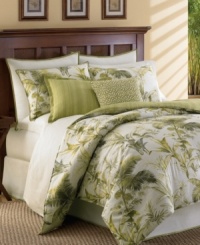 The Island Botanical comforter set captures exotic flora in a powerful shade of green over a pure ivory ground. Double needle stitching and contrast piping along the edges enhance this invigorating design from Tommy Bahama. Flip the comforter for a coordinating string stripe design in kiwi. The Island Botanical comforter set captures exotic flora in a powerful shade of green over a pure ivory ground. Double needle stitching and contrast piping along the edges enhance this invigorating design from Tommy Bahama. Flip the comforter for a coordinating string stripe design in kiwi.