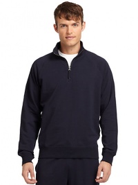 THE LOOKFrench terry designRibbed stand collarQuarter-zip closureLong ribbed cuff sleevesRibbed hemTHE MATERIALCotton/spandexCARE & ORIGINMachine washImported THE LOOKFrench terry designRibbed stand collarQuarter-zip closureLong ribbed cuff sleevesRibbed hemTHE MATERIALCotton/spandexCARE & ORIGINMachine washImported