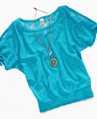 She'll get looks for her stylish layers, thanks to this crochet top from Beautees, with an unattached cami and peace sign necklace included. She'll get looks for her stylish layers, thanks to this crochet top from Beautees, with an unattached cami and peace sign necklace included.