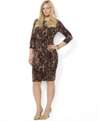 A bold pattern and chic three-quarter length sleeves update Lauren Ralph Lauren's classic plus size matte jersey dress, finished with ruching at the waistline for a figure-flattering look. (Clearance) A bold pattern and chic three-quarter length sleeves update Lauren Ralph Lauren's classic plus size matte jersey dress, finished with ruching at the waistline for a figure-flattering look. (Clearance)