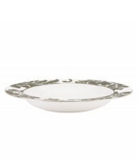 Mixing modern porcelain with antiqued blooms, the Lenox Silver Applique rim soup bowl has a fresh, romantic style all its own. With platinum banding.