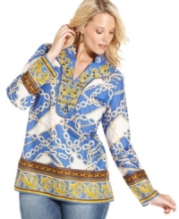 Make a striking statement with Charter Club's plus size tunic top, flaunting a luxe scarf print. Make a striking statement with Charter Club's plus size tunic top, flaunting a luxe scarf print.