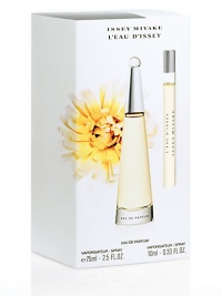 Sun-drenched flowers are in the air with the L'Eau d'Issey Eau de Parfum. Set includes: 2.5 oz. Eau de Parfum and a 0.33 oz. Purse Spray. Sun-drenched flowers are in the air with the L'Eau d'Issey Eau de Parfum. Set includes: 2.5 oz. Eau de Parfum and a 0.33 oz. Purse Spray.