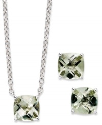 A fun and colorful update to your wardrobe, this matching pendant and earrings set features cushion-cut green quartz (5 ct. t.w.) set in sterling silver. Approximate length: 18 inches. Approximate drop (pendant): 1/4 inch. Approximate drop (earrings): 1/4 inch. A fun and colorful update to your wardrobe, this matching pendant and earrings set features cushion-cut green quartz (5 ct. t.w.) set in sterling silver. Approximate length: 18 inches. Approximate drop (pendant): 1/4 inch. Approximate drop (earrings): 1/4 inch.