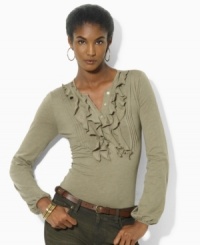 A sweeping paisley pattern enlivens Lauren Jeans Co.'s soft cotton top, crated with elegant pintucking and ruffles at the neckline for feminine appeal. A sweeping paisley pattern enlivens Lauren Jeans Co.'s soft cotton top, crated with elegant pintucking and ruffles at the neckline for feminine appeal.