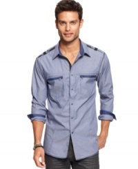 Military inspiration that's anything but uniform: Long-sleeved shirt with epaulets and zip-closure chest pockets from Marc Ecko Cut & Sew. Military inspiration that's anything but uniform: Long-sleeved shirt with epaulets and zip-closure chest pockets from Marc Ecko Cut & Sew.