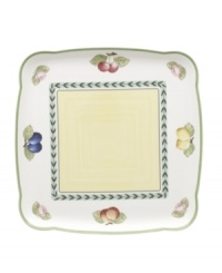 Bring the lush bounty of the French countryside to your table with this cheery square platter. Fresh summer fruits and a leaf garland adorn this durable porcelain square plates collection from Villeroy & Boch. Bring the lush bounty of the French countryside to your table with this cheery square platter. Fresh summer fruits and a leaf garland adorn this durable porcelain square plates collection from Villeroy & Boch.