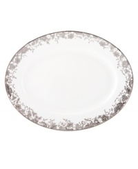 Fashion a stunning table in French Lace dinnerware. Platinum trim and an intricate floral pattern plucked right off the runway adorn this elegant, easy-clean oval platter from Marchesa by Lenox. Fashion a stunning table in French Lace dinnerware. Platinum trim and an intricate floral pattern plucked right off the runway adorn this elegant, easy-clean oval platter from Marchesa by Lenox.