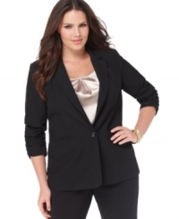 Top off your professional looks with MICHAEL Michael Kors' one-button plus size jacket, accented by ruched cuffs. Top off your professional looks with MICHAEL Michael Kors' one-button plus size jacket, accented by ruched cuffs.