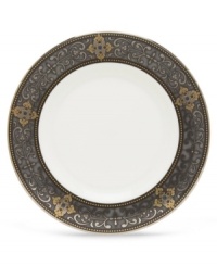 For nearly 150 years, Lenox has been renowned throughout the world as a premier designer and manufacturer of fine china. The Vintage Jewel pattern from Lenox's dinnerware and dishes collection evokes a more gracious era, combining pure white bone china with a dark, richly patterned band of muted gold, taupe, charcoal, and black, and accented with subtle touches of cobalt blue. For nearly 150 years, Lenox has been renowned throughout the world as a premier designer and manufacturer of fine china. The Vintage Jewel pattern from Lenox's dinnerware and dishes collection evokes a more gracious era, combining pure white bone china with a dark, richly patterned band of muted gold, taupe, charcoal, and black, and accented with subtle touches of cobalt blue.