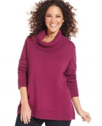 Cuddle up in colder weather with Karen Scott's long sleeve plus size sweater, accented by a cowl neckline. Cuddle up in colder weather with Karen Scott's long sleeve plus size sweater, accented by a cowl neckline.