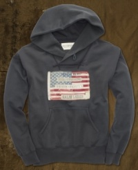 A comfy shawl-collar hoodie gets roughed up with a rugged patriotic flag at the chest, signature patches and distressed details.