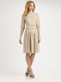 Stylish and sophisticated, this stretch cotton, boatneck dress also features a waist-defining belt and a flattering skirt. BoatneckElbow-length sleevesPleat details at belted waistSlash pocketsExposed back zipperAbout 40 from shoulder to hem67% cotton/28% polyester/5% elastaneDry cleanImported Model shown is 5'10½ (179cm) wearing US size 4. OUR FIT MODEL RECOMMENDS ordering true size. Stylish and sophisticated, this stretch cotton, boatneck dress also features a waist-defining belt and a flattering skirt. BoatneckElbow-length sleevesPleat details at belted waistSlash pocketsExposed back zipperAbout 40 from shoulder to hem67% cotton/28% polyester/5% elastaneDry cleanImported Model shown is 5'10½ (179cm) wearing US size 4. OUR FIT MODEL RECOMMENDS ordering true size.