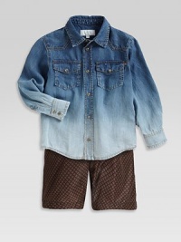 Blue degradé bleached denim gets a little country in this ultra-cool long-sleeved knit with mother of pearl snaps.Shirt collarLong sleevesFront mother of pearl snapsFront patch pockets with mother of pearl flap closures and signature web flag detailShirttail hemLyocellDry cleanMade in Italy Please note: Number of snaps may vary depending on size ordered. Blue degradé bleached denim gets a little country in this ultra-cool long-sleeved knit with mother of pearl snaps.Shirt collarLong sleevesFront mother of pearl snapsFront patch pockets with mother of pearl flap closures and signature web flag detailShirttail hemLyocellDry cleanMade in Italy Please note: Number of snaps may vary depending on size ordered.