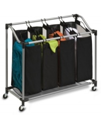 Separate the clean from the dirty, the colors from the darks, the delicate from the durable-this deluxe quad sorter makes space for all of your laundry needs. Featuring four lift-out mesh bags that are mildew-resistant, this heavy-duty steel sorter is set on wheels for easy access around the house. Separate the clean from the dirty, the colors from the darks, the delicate from the durable-this deluxe quad sorter makes space for all of your laundry needs. Featuring four lift-out mesh bags that are mildew-resistant, this heavy-duty steel sorter is set on wheels for easy access around the house.